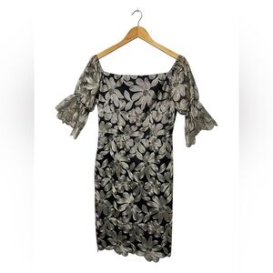 Trina Turk Semillon Floral Metallic Off Shoulder Bell Sleeves Cocktail Dress 6